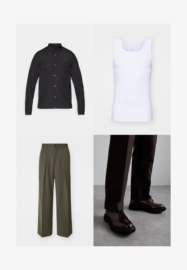 Čierna bunda vyrobená z ľahkého materiálu s gombíkovým zapínaním, špicatým golierom a dvoma prednými vreckami. Hladká textúra, minimalistický dizajn.; Biela bavlnená tielko bez rukávov s okrúhlym výstrihom, s hladkou textúrou a priliehavým strihom, navrhnuté pre neformálne nosenie.; Filippa K WIDE TROUSERS - Nohavice - driftwood; Hnedé kožené šnurovacie topánky s lesklým povrchom, čierna gumová podrážka a jemné švy. Nosené s hnedými prúžkovanými nohavicami.