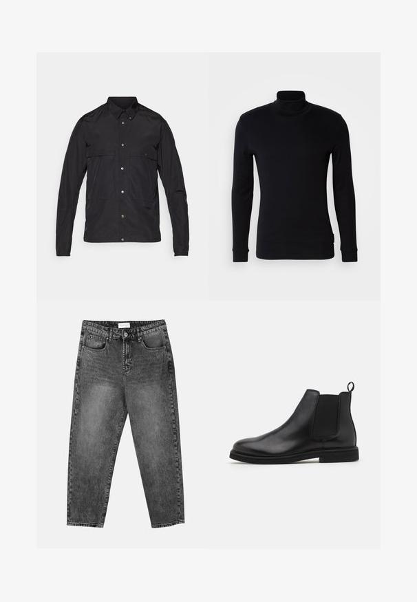 Sort jakke lavet af letvægtsmateriale med knaplukning foran, spids krave og to forlommer. Glat tekstur, minimalistisk design.; Sort langærmet turtleneck-trøje lavet af blødt stof. Har et tætsiddende design med ribbede manchetter og en glat overflade. Ingen mønstre eller logoer.; Sorte vasket straight-leg jeans med for- og baglommer, bæltestropper og knaplukning i taljen.; Sorte læder Chelsea støvler med elastiske sidepaneler og en træksløjfe. Rund tå og flad gummisål, der fremviser en glat finish.