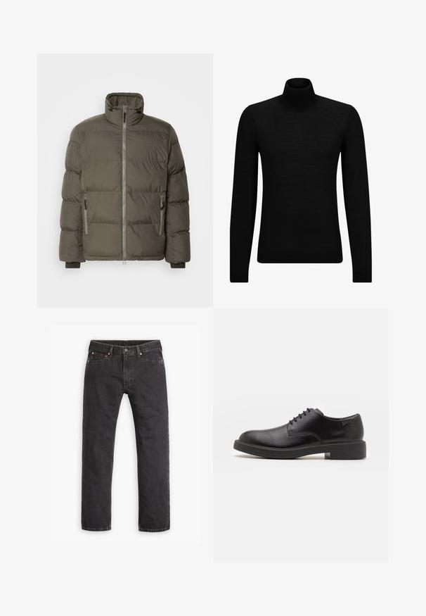 Geacă puffer de culoare verde măsliniu închis, cu guler înalt, fermoar frontal și două buzunare laterale cu închidere cu fermoar. Textură matlasată pe toată suprafața.; Pulover negru cu guler înalt, realizat dintr-un material moale, cu mâneci lungi și o croială ajustată. Tiv și mansete cu margine ondulată. Design simplu.; Jeans negre cu picioare drepte din denim, cu cinci buzunare, închidere cu nasture și nituri de cupru, așezați pe un fundal alb.; Pantofii din piele neagră, cu șireturi, au vârful rotunjit, o textură netedă, cusături minime și un toc de cauciuc scăzut. Logo pe toc.