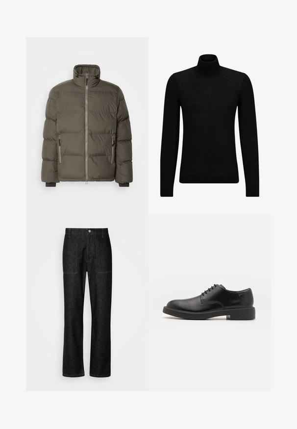 Nafukovacia bunda v tmavom olivovo zelenej farbe, s vysokým golierom, predným zipsom a dvoma bočnými vreckami so zipsovým uzáverom. Prešívaná textúra po celom povrchu.; Čierny rolák vyrobený z jemného materiálu, s dlhými rukávmi a tesným strihom. Hranatý lem a manžety s ribbed úpravou. Jednoduchý dizajn.; Čierne rifľové nohavice so širokými nohavicami, viditeľným prešitím a zapínaním na gombík vpredu. Obsahuje dve bočné vrecká a dve zadné vrecká.; Čierne kožené šnurovacie topánky s okrúhlou špičkou, hladkým povrchom, minimálnym prešívaním a nízkym gumovým podpätkom. Logo na podpätku.