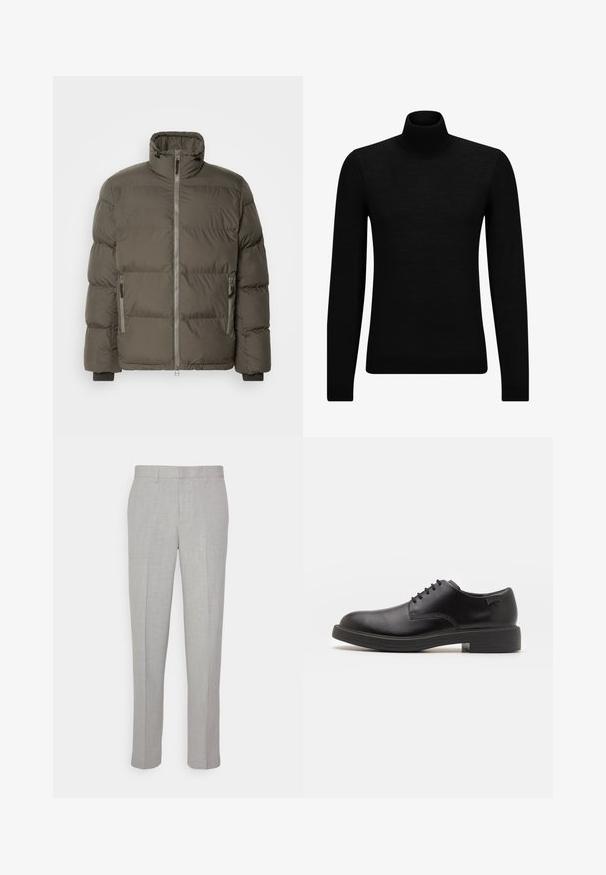 Geacă puffer de culoare verde măsliniu închis, cu guler înalt, fermoar frontal și două buzunare laterale cu închidere cu fermoar. Textură matlasată pe toată suprafața.; Pulover negru cu guler înalt, realizat dintr-un material moale, cu mâneci lungi și o croială ajustată. Tiv și mansete cu margine ondulată. Design simplu.; Pantaloni gri deschis cu o textură netedă, față plată și picioare drepte. Realizați dintr-o țesătură respirabilă, cu buzunare interioare și brâie.; Pantofii din piele neagră, cu șireturi, au vârful rotunjit, o textură netedă, cusături minime și un toc de cauciuc scăzut. Logo pe toc.