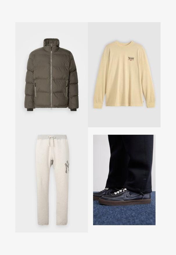 Dunjakke i mørke olivengrøn, med høj krave, frontlynlås og to sidelommer med lynlåslukninger. Vatteret tekstur hele vejen igennem.; Langærmet beige T-shirt lavet af blødt bomuld, med et lille grafisk design på brystet, klassisk rund halsudskæring og løs pasform.; Lys beige sweatpants med en grå elastisk talje, snor, sidelommer og et mørkegråt grafisk motiv på venstre lår.; Nike Sportswear KILLSHOT 2 LTR PRM OPP2 - Sneakers - black sail baroque brown mtlc dk grey