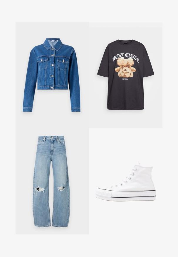 Jaqueta de ganga azul com um design cropped, frente de botões, dois bolsos no peito e detalhes em metal prateado. Textura suave.; T-shirt oversized preto com uma gráfica de um urso e o texto "NÃO FOFO, MAS SELVAGEM" em letras brancas e em negrito. Material em algodão.; Jeans de lavagem clara, de cintura alta, feitos de denim. Apresentam pernas largas, duas áreas rasgadas nos joelhos e o estilo clássico de cinco bolsos.; Sapatilha alta de tela branca com sola de borracha preta, bico de borracha na frente e seis ilhós para os atacadores, apresentando um design limpo e minimalista.
