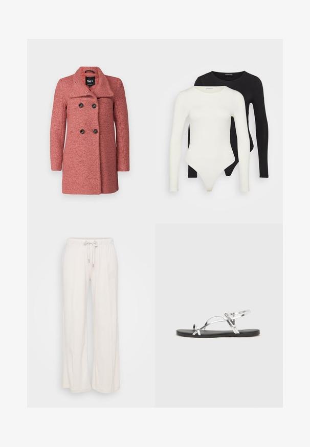 Kétgombos kabát texturált rózsaszín anyagból, hajtókás gallérral, négy fekete gombbal és hosszú ujjakkal a melegebb viselet érdekében.; Két hosszú ujjú bodyn fehér és fekete színben. Simább anyagból készült, kerek nyakkivágással és tanga fazonú alsó résszel a simább viselet érdekében.; Világos bézs, bőszárú nadrág, rugalmas derékkal és zsinórral. Puha anyagból készült, elöl függőleges varrásokkal.; Ezüst fémes szandálok minimális kialakítással, vékony pántokkal és fekete lapos talppal. Kiemeli a keresztpántos díszítést.
