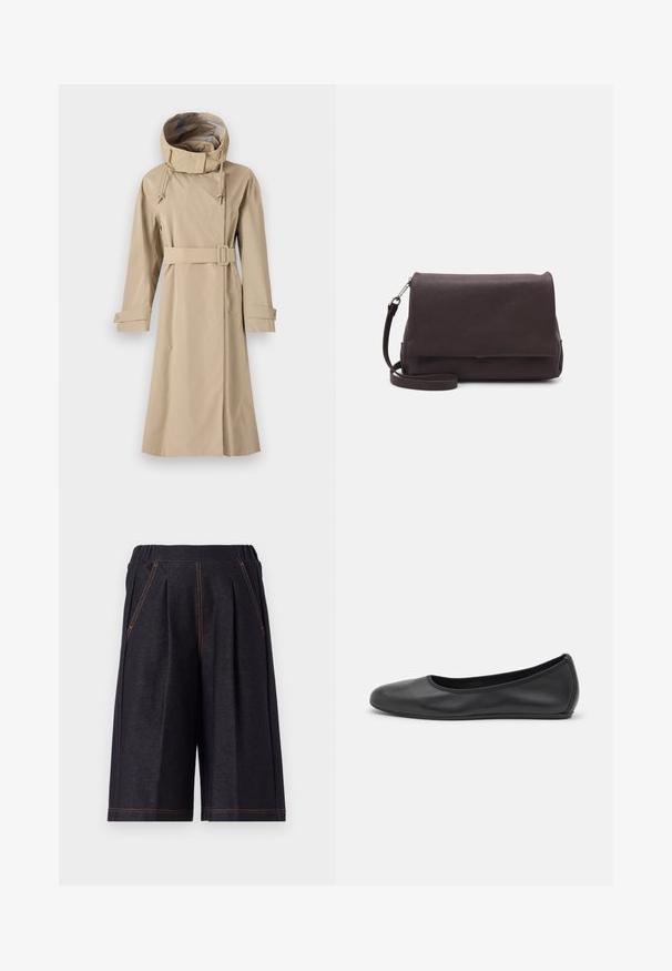 Palton bej cu glugă înaltă, curea ajustată la talie și mâneci lungi cu manșete cu butoni. Fabricat dintr-un material neted, rezistent la apă.; Cămașă cu nasturi dintr-un material roz moale, având un model geometric cu diamante și triunghiuri în nuanțe de gri și negru. Mâneci lungi, guler clasic.; Șorturi gri închis din țesătură moale, cu pliuri și detalii de cusătură portocalie. Curea elastică pentru confort, design până la genunchi.; Balerini din piele neagră, cu vârf rotund, textură netedă, detalii de cusătură minimale și un design al tălpii flexibil.; Tiger of Sweden LIMBIATE UNISEX - Geantă crossbody - pure decadence