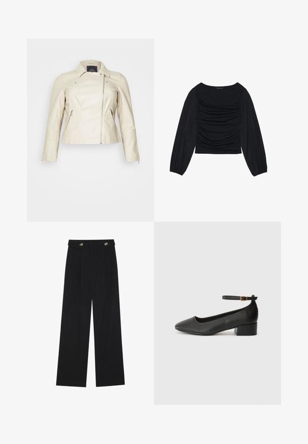 Jaqueta de imitação de couro bege com colarinho, fecho de correr assimétrico e dois bolsos com fecho. Apresenta detalhes costurados nas mangas e no corpo.; Top preto de manga longa com detalhe de tecido franzido na parte da frente e nos pulsos, feito de material suave e elástico com decote à barco.; Calças largas pretas com cintura alta, detalhes em botão na cintura e pregas frontais.; Sandal de pele preta com bico pontiagudo e um salto bloco baixo. Apresenta uma tira no tornozelo com uma fivela em tom dourado. Textura suave.
