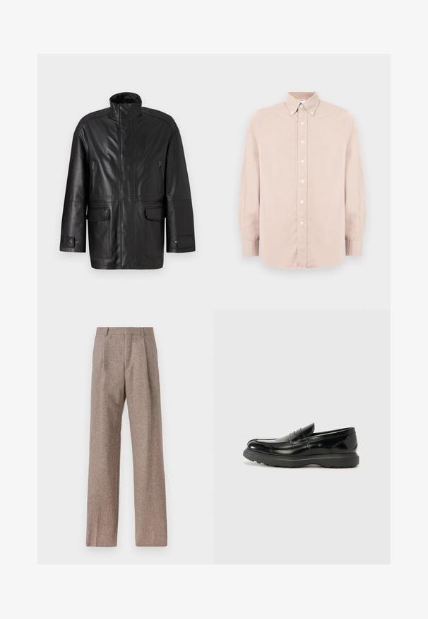 Svart läderjacka med hög krage, dragkedjeförsedd bröstficka och två framfickor med lock. Har en slät yta och rak skärning.; Ljusrosa knapp-up skjorta med långa ärmar, krage och vita knappar. Tillverkad av mjukt tyg med regular fit.; Bruna, högmidjade byxor i texturerat tyg. Har vida ben och två framvikningar för struktur. Välavslutad utan synlig hårdvara.; Svart läderloaferskor med en glänsande yta, rund tå, diskreta söm detaljer och en tjock gummisula för hållbarhet.