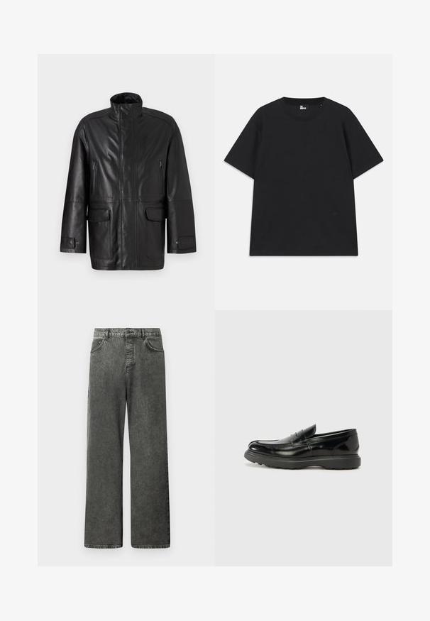 Must must jakak, millel on kõrge krae, lukuga rinnatasku ja kaks esist taskut. Omab sujuvat tekstuuri ja otse lõikega disaini.; Must värviline lühikeste varrukatega T-särk, mis on valmistatud puuvillast, ümmarguse kaelusega ja väikese logo detailiga allääres. Sile tekstuur, regulaarne lõige.; Mustad laia säärega teksapüksid esi- ja tagataskutega, vööaasadega ning vöökoha nööpklambriga.; Must musta nahk loafer läikiva viimistlusega, ümar varvas, delikaatsed õmblusdetailid ja paks kummist tallad vastupidavuse tagamiseks.