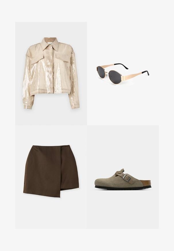 Beige cropped jacket with a sequin finish, featuring a pointed collar, two front pockets, and long sleeves with elastic cuffs.; Yellow long-sleeve collared shirt with front buttons and a patch pocket on the left side, made from smooth, lightweight material.; By Malene Birger RAYE - Mini skirt - dark mahogany; Suede clogs in light olive green with a molded cork and rubber sole. Features a side strap with a metal buckle and a rounded toe.; Gold-tone oval sunglasses with dark lenses, featuring a sleek design, thin arms, and a black accent at the temple. Model number L37.; Brown leather tote bag with double handles, features contrast stitching and a spacious design, suitable for everyday use.