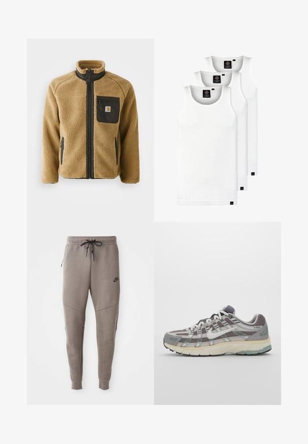 Barna bolyhos dzseki fekete cipzáras mellzsebbel és illeszkedő oldalzsebbel. Magas gallérral és texturált anyaggal készült a melegség érdekében.; Három fehér csíkos pamut trikó. Felső része kerek nyakkivágású, és a szegély közelében kis fekete címkék találhatók. Több méretben elérhető.; Szürke Nike melegítőnadrág húzózsinórral a deréknál, keskeny lábakkal, oldalsó zsebekkel és jellegzetes varrás részletekkel. Puha, texturált anyag.; Szürke sportcipő, hálós és velúr felsőrésszel, fehér részletekkel, párnázott talppal és jellegzetes dizájnnal, amely visszaverő elemeket tartalmaz.