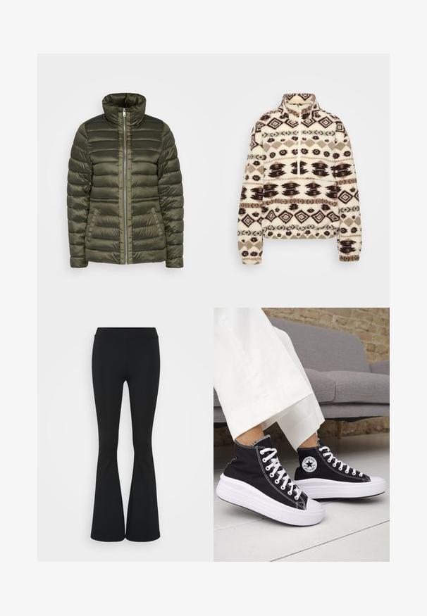 Oliivinvihreä puhkaistava takki vaakaompelukuvioinnilla, korkea kaulus, keskellä oleva vetoketju ja kaksi etutaskua. Sileä, kiiltävä kangas.; Fleece pullover vaaleassa kermassa, jossa on tummanruskeita ja taupenvärisiä geometrisiä kuvioita, korkea kaulus, puolivetoketju edessä sekä elastiset hihansuut ja helmaväre.; Kaksi naisten toppeja: yksi valkoinen ja yksi musta, pehmeästä kankaasta valmistettu, ohuilla olkaimilla ja syvällä V-leikkauksella.; Mustat leveät housut, jotka on valmistettu joustavasta kankaasta, ja joissa on korkea vyötärö sekä sileä pinta. Housut levenevät polven kohdalla.; Mustat korkeavartiset tennarit, joissa valkoiset kumipohjat ja nauhat. Koristettu pyöreällä logotarralla ja valkoisilla kontrastisaumoilla. Materiaali on canvas.