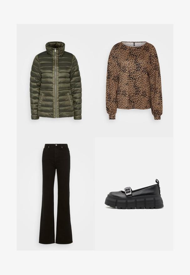 Olivavärvi puffjakker, millel on horisontaalne tikand, kõrge krae, keskmine lukku ja kaks eesmist taskut. Sile, läikiv kangas.; Pruun pikaaheline sviiter musta leopardimustriga, laia kraega ja elastsete varrukatega. Pehme tekstuuriga kangas, lõdva istuvusega.; Kõrge talje ja mustad laiad teksad, mis on valmistatud denimist, neil on nupuga sulgur, küljetaskud ja sile tekstuur.; Mustad platvormi loafers musta värvi, ümmarguse varba, sileda nahast ülaosa, reguleeritava pandlaga ja tekstuuriga kummist tallaga, millel on horisontaalsed sooned.