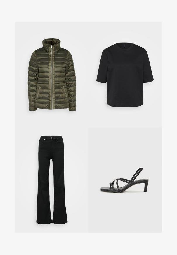 Maslinasto zelena pufasta jakna s horizontalnim matiranim dizajnom, visokim ovratnikom, središnjim zatvaračem i dva prednja džepa. Glatka, sjajna tekstura tkanine.; Crna majica s okruglim izrezom i kratkim rukavima napravljena od pamuka, s ležernim krojem. Glatka tekstura bez vidljivih uzoraka ili akcenta.; Crne široke traperice od denima, s visokim strukom, pet džepova i metalnim zatvaračem. Glatka tekstura s minimalnim detaljima.; Crne sandale s trakama, kvadratnim prstom i niskom blok petom. Ima više tankih trakica i podesivu trakicu oko gležnja. Izrađene su od glatke kože.