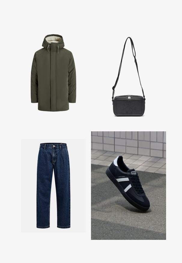 Oliven grøn polstret jakke med hætte, med en faux shearling foring, frontlynlås og snorede detaljer. Enkel, rektangulær design.; Kremfarget bomulls T-skjorte med korte ermer og rund hals. Har et grafisk trykk i blått og rødt med tekst og et motiv.; Mørkeblå denimjeans med rett ben-design. Har synlige sømmer, knappestengning og frontfolder for ekstra detaljer.; Sorte lærersneaker med hvite striper, teksturert gummihæl og snøring foran. Har et merketikett på tungen.; Svart skinn crossover-veske med glidelås, preget logo på fronten og justerbar stropp. Glatt tekstur med rektangulær form.