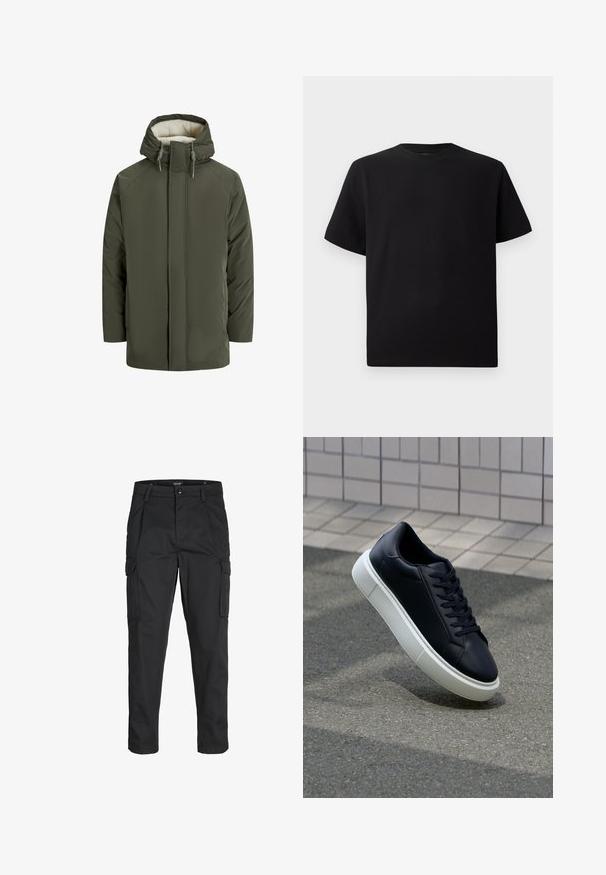 Zielona oliwkowa kurtka pikowana z kapturem, z faux shearling wewnątrz, z przodu na zamek rozdzielczy i akcentami w postaci troczków. Prosty, prostokątny design.; Czarna koszulka z krótkim rękawem, wykonana z teksturowanej tkaniny, z okrągłym dekoltem i luźnym krojem. Prosta, bez wzorów i akcentów.; Czarne spodnie cargo wykonane z wytrzymałego materiału, z wieloma kieszeniami, zapięciem na guzik oraz zwężanym krojem nogawek.; Czarne skórzane sneakersy z okrągłym noskiem i białą gumową podeszwą. Posiadają płaskie sznurowadła i minimalne przeszycia na cholewce. Teksturowana podeszwa zapewnia przyczepność.