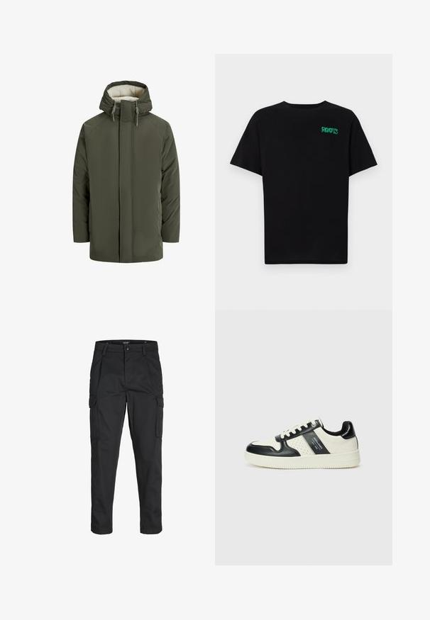 Jachetă căptușită de culoare verde măslin, cu glugă, având o căptușeală din blană artificială, fermoar frontal și accente cu șnur. Design simplu, rectangular.; Tricou negru din bumbac, cu mâneci scurte. Prezintă un logo verde "ROOTS" pe față, guler rotund și o potrivire standard.; Pantaloni cargo negri dintr-un material rezistent, cu multiple buzunare, închidere cu nasture și un design slim fit cu picioare conice.; Tenisi din piele cu un scheme de culori negru și crem, dotati cu accente perforate, guler căptușit și o talpă texturată.