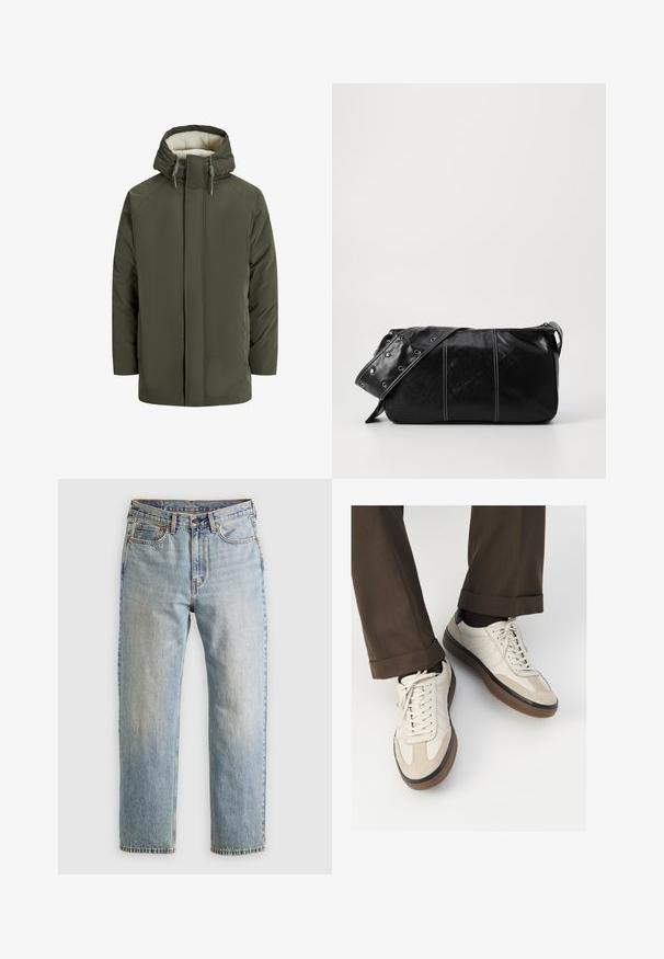 Olivově zelená prošívaná bunda s kapucí, s podšívkou z umělé kožešiny, předním zipem a stahovacími prvky. Jednoduchý, obdélníkový design.; Bílý bavlněný tričko s krátkým rukávem a výstřihem do V, s uvolněným střihem a hladkou, jemnou texturou. Bez vzorů nebo akcentů.; Svetle modré džíny z denimu s vysokým pasem, předním knoflíkem, zipem a designem s pěti kapsami, ležící rovně na neutrálním pozadí.; Béžové tenisky s texturovanou semišovou špičkou, hladkými koženými boky a hnědou gumovou podrážkou. Na šněrování a lehkém prošití je detail.; Černá kožená kabelka přes rameno se zapínáním na zip, s texturovaným tělem, bílým prošíváním a popruhem se stříbrnými očky.