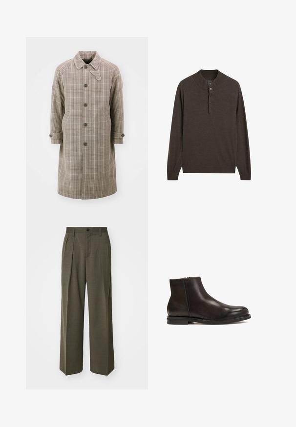 Beige karierter Trenchcoat mit einem Kragen, Raglanärmeln, fünf vorderen Knöpfen und zwei seitlichen Taschen. Mit geknöpften Manschetten und einem knielangen Design.; Brauner Langarm-Pullover mit hohem Kragen und einer Knopfleiste mit drei Knöpfen. Aus weichem Stoff gefertigt, zeichnet er sich durch eine glatte Textur und gerippte Bündchen aus.; Filippa K WIDE TROUSERS - Stoffhose - driftwood; Schwarze Leder-Ankle-Boots mit glatter Textur, runder Zehenform und niedrigem Absatz. Verfügt über einen seitlichen Reißverschluss für einfaches An- und Ausziehen.