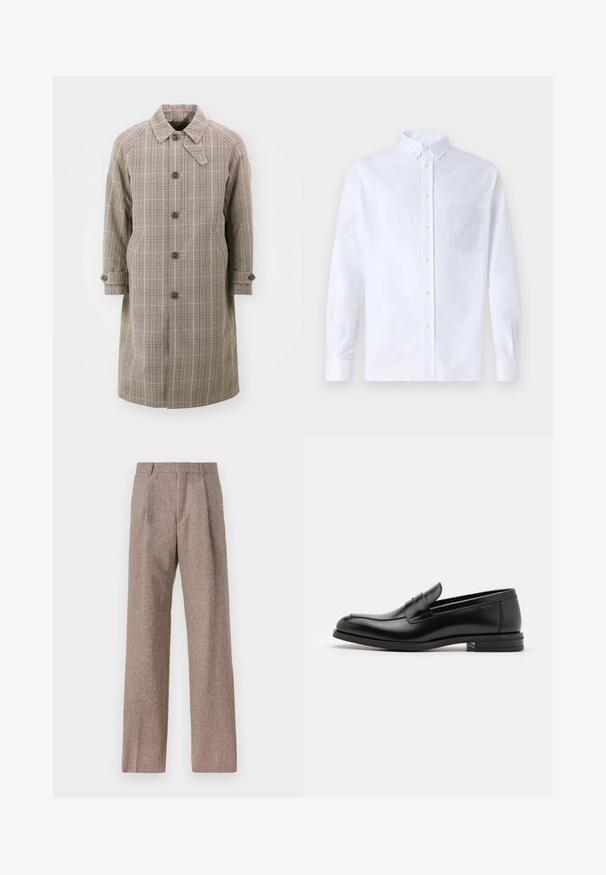 Bež karirani trench kaput s ovratnikom, raglan rukavima, pet prednjih gumba i dva bočna džepa. Ima zakopčane manžete i dizajn do koljena.; Bijela košulja s dugim rukavima na dugme, izrađena od pamuka, s džepom na prsima s ton-sur-ton vezom, ovratnikom i dugmadi na manžetama.; Smeđe, hlače viskog struka od teksturiranog materijala. Imaju široke nogavice i dva prednja pregiba za strukturu. Uređen završetak bez vidljivih metalnih dijelova.; Crni kožni mokasini s glatkom teksturom, zaobljenim prstima i ukrasnom trakom preko prednjeg dijela. Niski slojeviti potplat, minimalistički dizajn.
