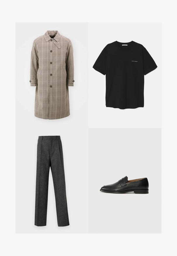 Trench coat a quadri beige con colletto, maniche raglan, cinque bottoni frontali e due tasche laterali. Presenta polsini con bottone e un design lungo fino al ginocchio.; T-shirt in cotone nero con collo rotondo, maniche corte e stampa bianca del logo sul lato sinistro del petto. Design semplice e monocromatico.; Pantaloni grigi su misura realizzati in tessuto strutturato, con due pieghe frontali e un design a gamba dritta. Nessuna tasca o decorazione visibile.; Mocassino in pelle nera con punta arrotondata, dettagli cuciti sottili e tacco basso, caratterizzato da una texture liscia e un design minimalista.
