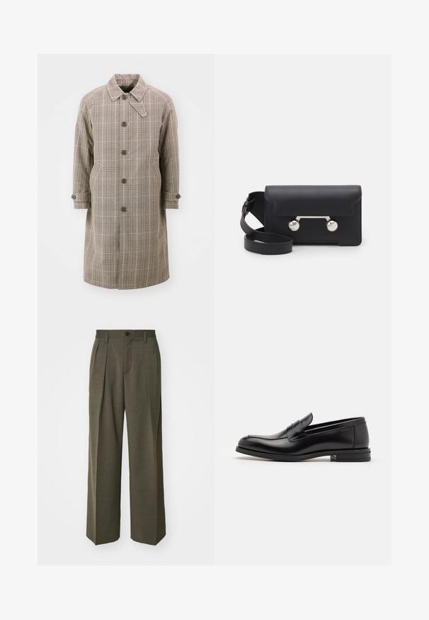 Bež karirani trench kaput s ovratnikom, raglan rukavima, pet prednjih gumba i dva bočna džepa. Ima zakopčane manžete i dizajn do koljena.; Tamno plava majica kratkih rukava s bijelim natpisom "neanche per sogno" u središtu grudi, okrugli izrez, srednja veličina.; Filippa K WIDE TROUSERS - Hlače - driftwood; Crni kožni mokasini s glatkom teksturom, zaobljenim prstima i ukrasnom trakom preko prednjeg dijela. Niski slojeviti potplat, minimalistički dizajn.; Crna kožna crossbody torba s preklopom, hardverom srebrne boje i dva okrugla detalja. Ima odvojivi remen. Glatka tekstura.
