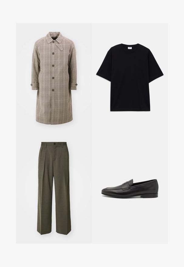 Kremi ruuduline trench coat, millel on krae, raglan varrukad, viis esist nuppu ja kaks külgtaskut. Soodsime nuppudega mansette ja põlvepikkuse kujunduse.; Mustat lyhythihainen oversized T-paita, jossa on pyöreä kaula-aukko ja näkyvä Filippa K -tuotemerkki etiketti kauluksessa.; Filippa K WIDE TROUSERS - Housut - driftwood; Musta nahkainen miesten loaferi, jossa on matala korko ja klassinen penny-nauha, esitelty sivuprofiilissa valkoista taustaa vasten.