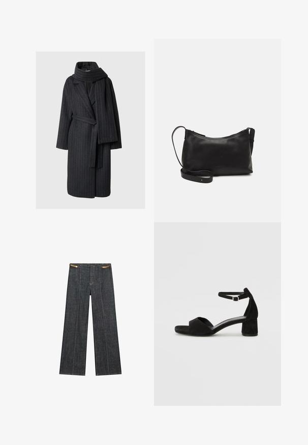 Wool blend coat in dark grey with pinstripes, features a notched collar, long sleeves, and a matching scarf. Belted waist, knee-length design.; Dark brown long-sleeve crew neck sweater with a slightly cropped fit and simple, seamless design.; Dark wash denim wide-leg trousers with a high waist. Features visible stitching, a button closure, and a unique chain accent at the waist.; Black suede heeled sandals with a thin ankle strap, open toe design, and a modest block heel. Smooth texture and minimal accents.; Black leather shoulder bag with a smooth texture, curved shape, adjustable strap, and a zip closure. Minimalist design without embellishments.