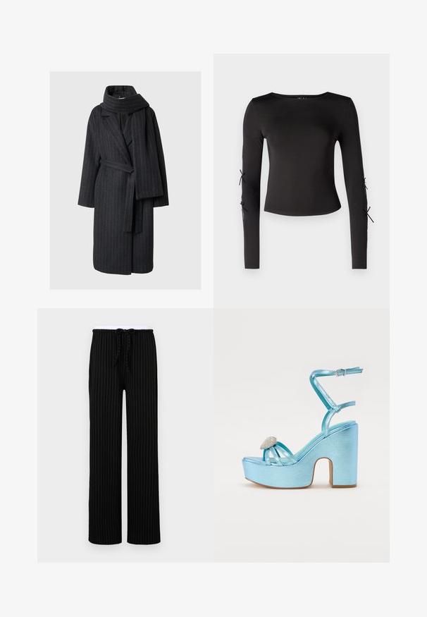 Palton din amestec de lână de culoare gri închis cu dungi subtile, dotat cu guler tip notch, mâneci lungi și o eșarfă asortată. Talie cu curea, design până la genunchi.; Top negru cu mânecă lungă și guler rotund. Dispune de legături ajustabile la mâneci, realizat dintr-un material neted și elastic.; Pantaloni negri cu dungi fine, cu o croială confortabilă, având o talie elastică și închidere cu șnur, realizați dintr-un material textil moale.; Sandale platformă metalizate albastre cu un tocul gros, având bretele încrucișate și un accent cu bijuterii în zona degetelor.