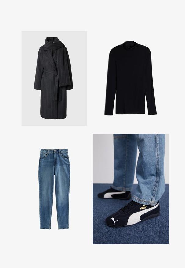 Abrigo de mezcla de lana en gris oscuro con rayas finas, presenta un cuello con muescas, mangas largas y una bufanda a juego. Diseño de longitud hasta la rodilla con cintura ceñida por un cinturón.; Top negro de manga larga con cuello tipo cowl, hecho de una tela suave y lisa; diseño ajustado con dobladillo recto y sin costuras visibles.; Jeans de mezclilla azul con fit recto, que cuentan con una cintura alta, cinco bolsillos y áreas sutilmente desgastadas para texturizar. Cierre con botón de metal.; Zapatillas de ante negras con acentos blancos, que presentan un logo dorado. Combinadas con unos jeans de mezclilla azul claro y colocadas sobre una superficie texturizada azul.