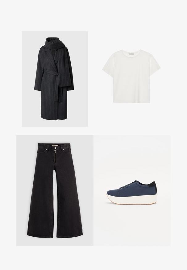 Wool blend coat in dark grey with pinstripes, features a notched collar, long sleeves, and a matching scarf. Belted waist, knee-length design.; White short-sleeve T-shirt made of soft cotton. Features a round neckline and relaxed fit. Clean design with no visible patterns or accents.; Wide-leg jeans in black denim with a zippered front, five-pocket design, and subtle stitching details. Smooth texture and casual style.; Navy blue sneaker with a textured fabric upper, white platform sole, rounded toe, and black heel accent. Features six eyelets for laces.