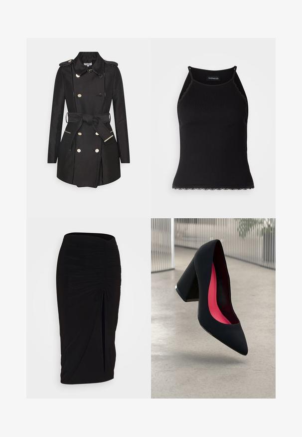 Morgan GAZELLE - Gabardina - noir; T-shirt sem mangas preto com acabamento em renda frisada na barra. Apresenta alças finas e um design justo. Feito de um tecido elástico.; Saia lápis preta, franzida, com detalhe de laço e uma fenda lateral. Feita de um tecido elástico, apresenta uma textura suave e um design justo ao corpo.; Sapato de salto alto preto com bico puntiagudo, superfície texturizada e um interior vibrante em rosa. Apresenta um salto grosso com detalhe em prata.