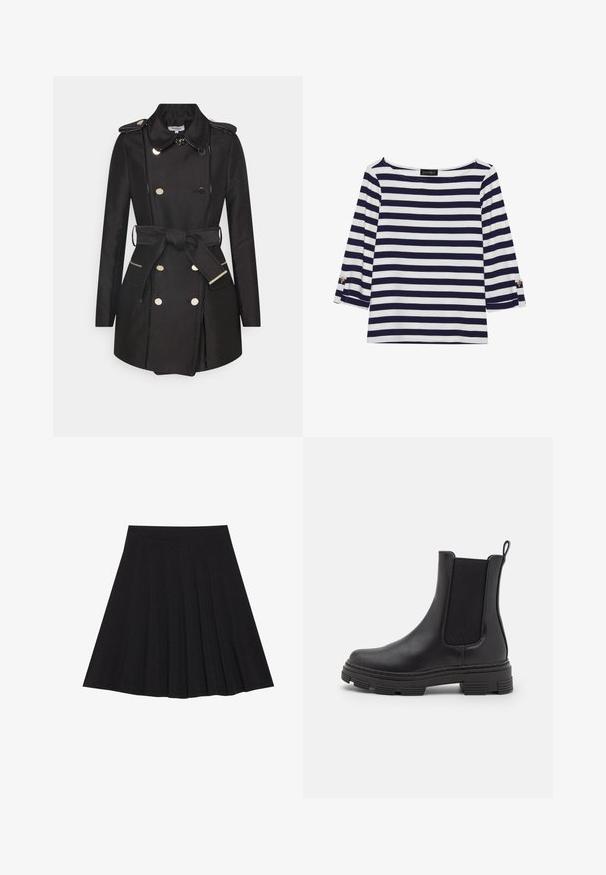 Morgan GAZELLE - Prochowiec; Granatowa i biała, w paski, bluzka z długim rękawem o dekolcie typu łódka oraz złotymi guzikami na podwiniętych rękawach. Miękka tkanina, luźny krój.; Czarna plisowana spódnica z teksturowanej tkaniny z dopasowanym paskiem. Sięga do kolan, wyróżniając się gładką, czystą sylwetką.; Czarny skórzany botek za kostkę z elastycznymi panelami bocznymi, okrągłym czubkiem i teksturowaną gumową podeszwą. Posiada pętelkę z tyłu ułatwiającą zakładanie.