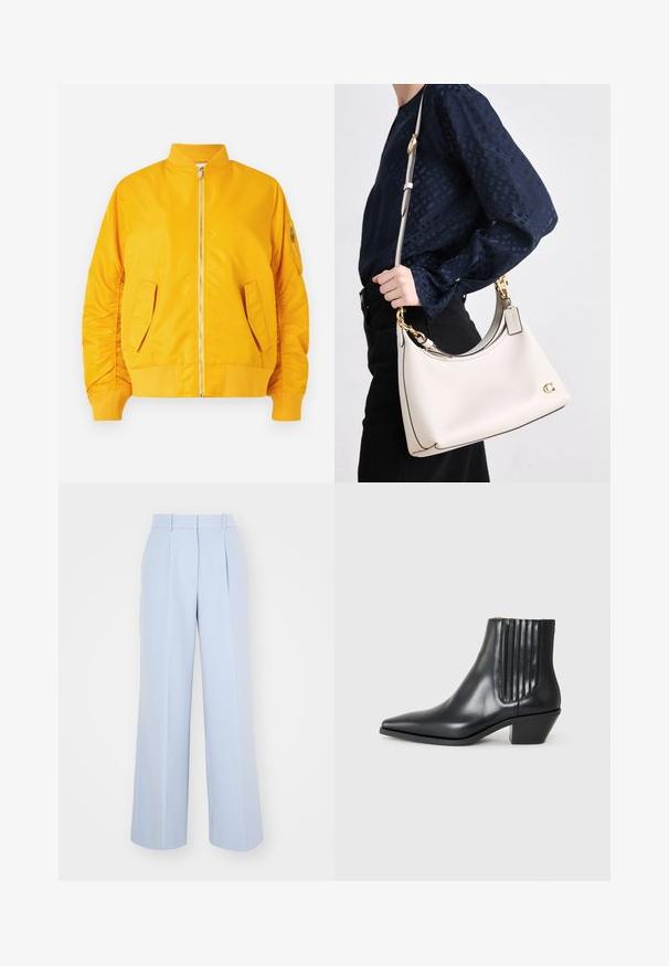 Kollane pommijakk, millel on eesnevetav tõmblukk, soonikkrae ja -mansetid, kaks külgtaskut ja üks tõmblukuga käistetasku. Sile, läikiv kangas.; Valge ilma varrukateta T-särk ribapinnast, millel on ümmargune kaelus ja sobiv siluett. Sile tekstuur, nähtavad mustrid või aktsendid puuduvad.; Heledad sinine laia säärega püksid kõrge vöökohtaga, millel on ees voldid, valmistatud siledast kudumist. Nähtavat riistvara ei ole.; Must kõva nahast ankle boot terava varbaga, elastsete külgpanelide ja vertikaalsete soontega ning madala ploki kontsaga. Sile tekstuur ja stiilne disain.; Beežist nahkhandi tumedate servadega, kõver siluett, kuldne riistvara ja eemaldatav rihm, hoitakse külje peal tumeda riietuse vastu.