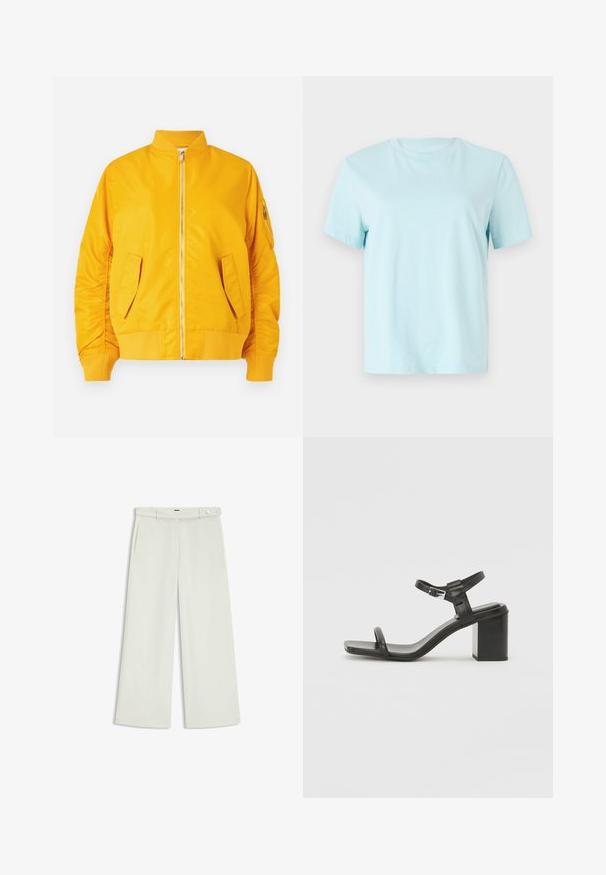 Gelbe Bomberjacke mit einem Frontreißverschluss, geripptem Kragen und Bündchen, zwei Seitentaschen und einer mit Reißverschluss versehenen Ärmeltasche. Glattes, glänzendes Material.; Hellblaues Baumwoll-T-Shirt mit kurzen Ärmeln, einem Rundhalsausschnitt und dezentem, auf der Vorderseite eingesticktem 'Calvin Klein'-Logo.; Weite Hose aus zartem Creme-Stoff, mit seitlichen Taschen, flatem Bund und einer Knopfverschluss an der Taille. Glatte Textur.; Schwarze Leder-Sandale mit Blockabsatz und einem breiten Riemen über dem Zeh sowie einem verstellbaren Knöchelriemen, die ein schlankes, minimalistisches Design aufweist.