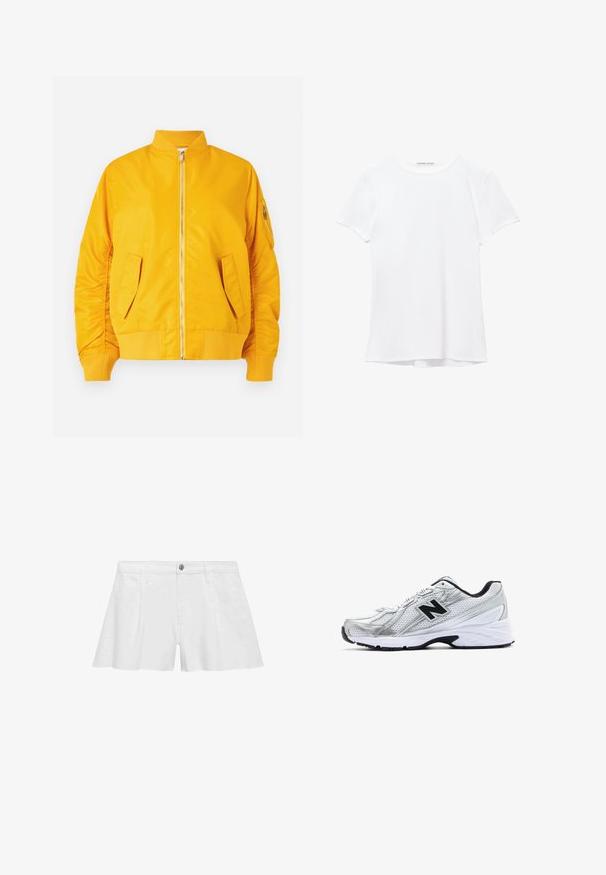 Žlutá bomber bunda se zipem vpředu, žebrovaným límcem a manžetami, dvěma bočními kapsami a jednou kapsou na zip na rukávu. Hladká, lesklá tkanina.; Bílý krátký rukáv tričko vyrobené z hladkého materiálu, s kulatým výstřihem a jemnými švy na lemu.; Bílé bavlněné šortky s volným střihem, které mají přední kapsy, zapínání na knoflík a ploché švy pro hladký vzhled.; Stříbrná sportovní bota z materiálu se síťovinou, černé akcenty, perforovaný design a polstrovaná bílá podrážka. Má výrazné logo 'N'.