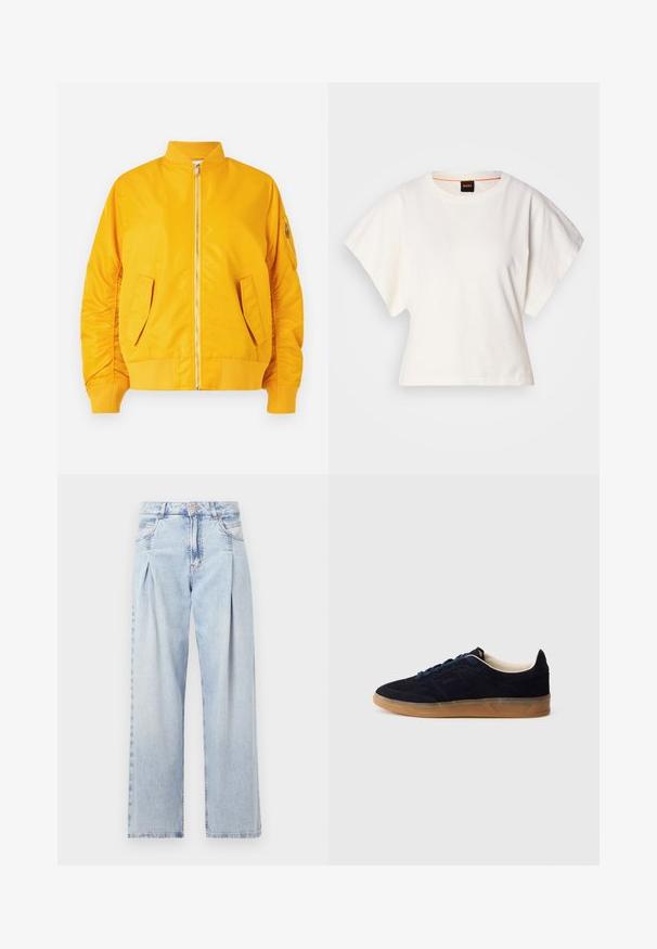 Gul bomberjakke med frontlynlås, ribbet krave og manchetter, to sidelommer og en lynlåslomme på ærmet. Glat, skinnende stof.; Hvid cropped T-shirt, korte brede ærmer, blødt bomuldsstof, rund halsudskæring med diskret orange kant, minimalistisk design uden mønstre eller grafik.; Lyseblå denim jeans med høj talje, bred benåbning, to sidelommer og plisseret design. Blød tekstur med et falmet finish.; Marineblå ruskindssneaker med gummisål, blå snørebånd og minimalistisk design. Indeholder præget logo på siden og glat inderfor.