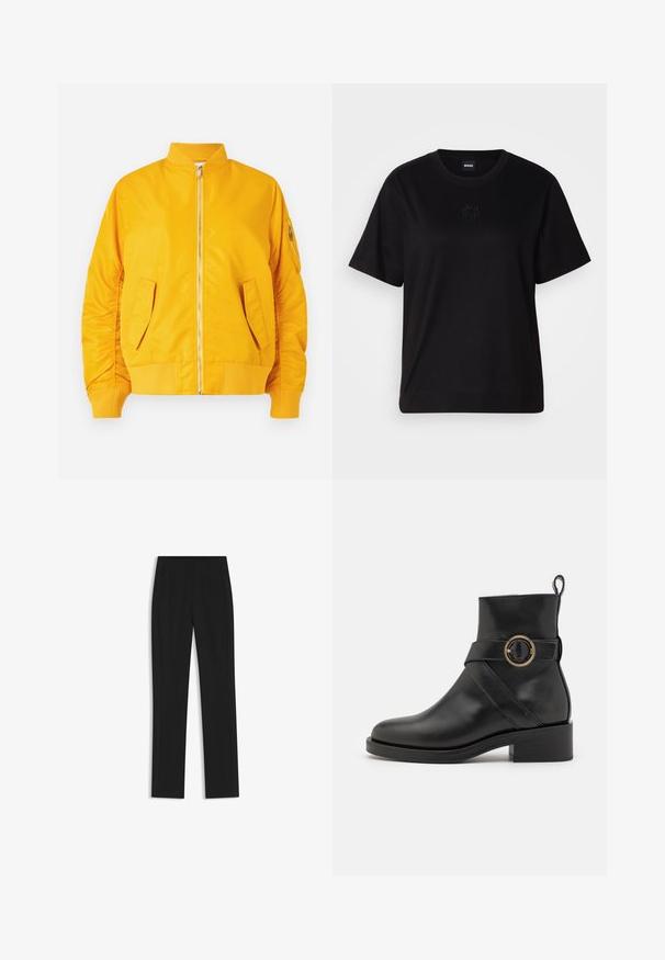 Gelbe Bomberjacke mit einem Frontreißverschluss, geripptem Kragen und Bündchen, zwei Seitentaschen und einer mit Reißverschluss versehenen Ärmeltasche. Glattes, glänzendes Material.; Schwarzes Baumwoll-T-Shirt mit Rundhalsausschnitt, kurzen Ärmeln und aufgesticktem Logo auf der Brust. Einfacher, lässiger Schnitt ohne Muster.; Schwarze maßgeschneiderte Hose mit geradem Bein, ausgestattet mit Fronttaschen und einem glatten, strukturierten Stoff. Saubere, minimale Details.; BOSS IRYNA BOOTIE - Plateaustiefelette - black