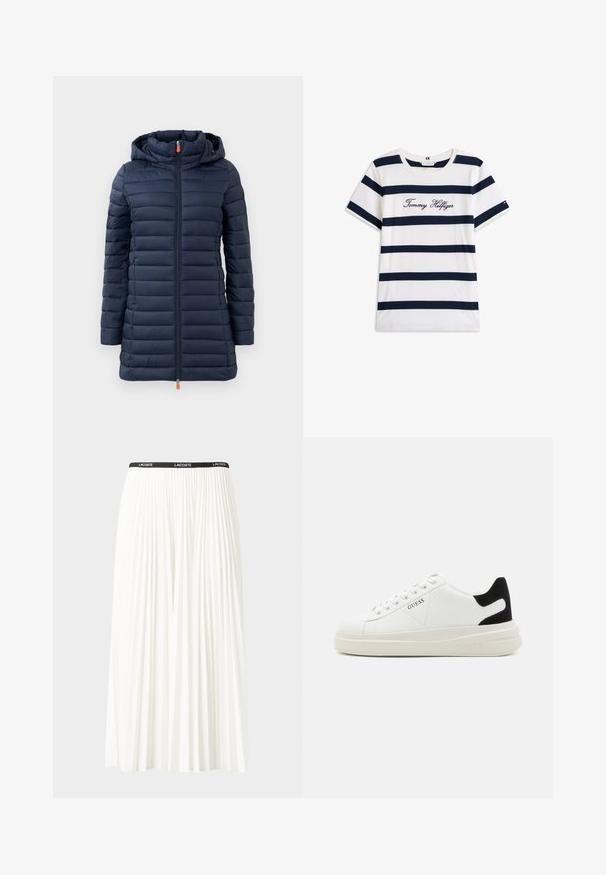 Giubbotto imbottito navy con cappuccio, caratterizzato da sezioni a righe orizzontali, zip a tutta lunghezza e tirazip arancione. Tessuto liscio, design leggero.; T-shirt in cotone con righe orizzontali blu navy su sfondo bianco. "Tommy Hilfiger" ricamato in corsivo sul petto. Collo a giro.; Gonna bianca plissettata con elastico nero in vita che presenta il logo "LACOSTE". Design di lunghezza media con texture morbida.; Sneaker bianchi in pelle con suola spessa bianca, accento in suede nero sul tallone e logo impresso sul lato. Design con lacci e sei fori per i lacci.