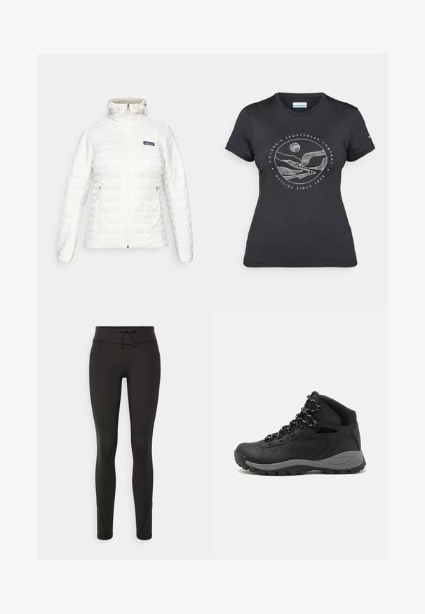 Casaco branco acolchoado com capuz, fecho frontal, bolsos laterais com fecho e um pequeno logótipo da Patagonia no lado esquerdo do peito.; T-shirt preto da Columbia com arte em linha branca circular representando montanhas e rios, e o texto "Columbia Sportswear Company Outside Since 1938."; Leggings pretos com uma cintura alta, cordão, textura suave e design ajustado. Apresentam detalhes de costura ao longo das laterais.; Bota de caminhada preta com design de cano médio, apresentando um upper texturizado, detalhes cinzentos e sola de borracha durável com cravos de tração.
