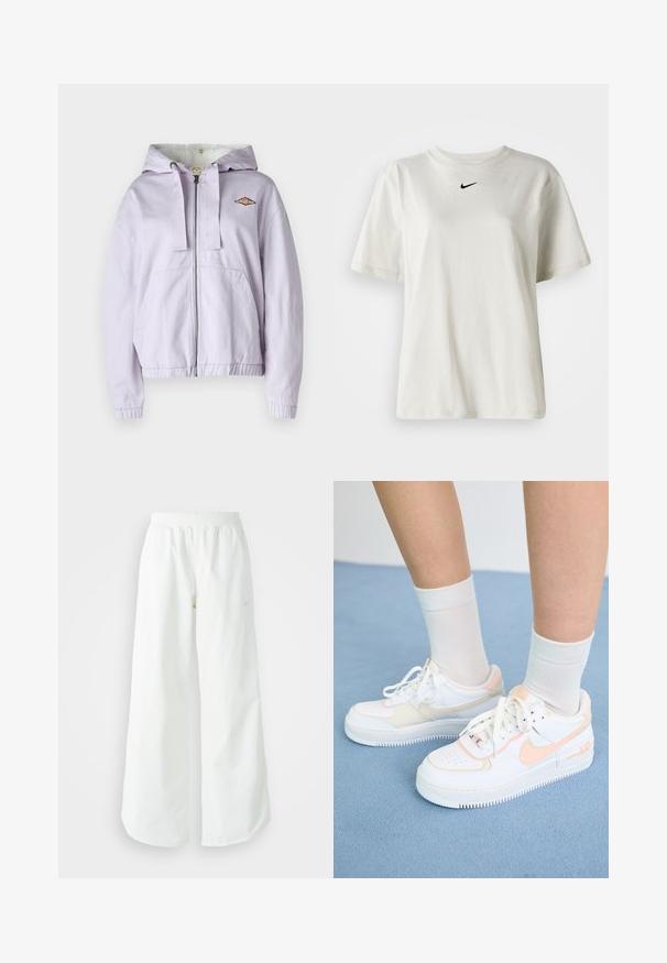Levanduľová mikina na zips s jemnou podšívkou, rebrovanými manžetami a lemom. Obsahuje vyšívané logo na hrudi a dve predné vrecká.; Biely bavlnený tričko s okrúhlym výstrihom a krátkymi rukávmi. Na hrudi sa nachádza malé čierne logo Nike. Jednoduchý a nezdobený dizajn.; Biele široké športové nohavice s ribbovaným pásom a jemným logom. Hladká tkanina s uvoľneným strihom a zúženým lemom.; Biele tenisky s broskyňovými akcentmi, hladký kožený zvršok, perforovaný špička, textúrovaná podošva a šnúrky. Nosia sa s bielymi členkovými ponožkami na modrom povrchu.