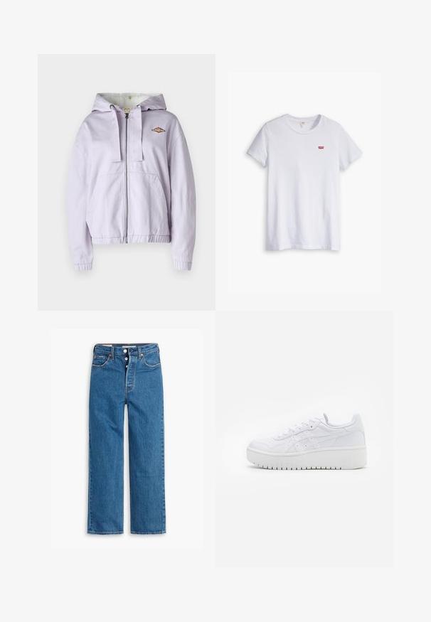 Lavender zip-up hoodie met een zachte binnenvoering, ribgebreide manchetten en zoom. Voorzien van een geborduurd logo op de borst en twee voorzakken.; Witte katoenen t-shirt met korte mouwen en een ronde hals. Bevat een klein rood Levi's-logo op de linkerborst.; Blauwe denim jeans met rechte pijpen en hoge taille, vijf zakken en een knoopsluiting. Merkbare stiksels en koperen klinknagels.; Witte platform sneakers met een gladde leertextuur, geperforeerde details en platte veters; voorzien van een dikke witte rubberen zool.