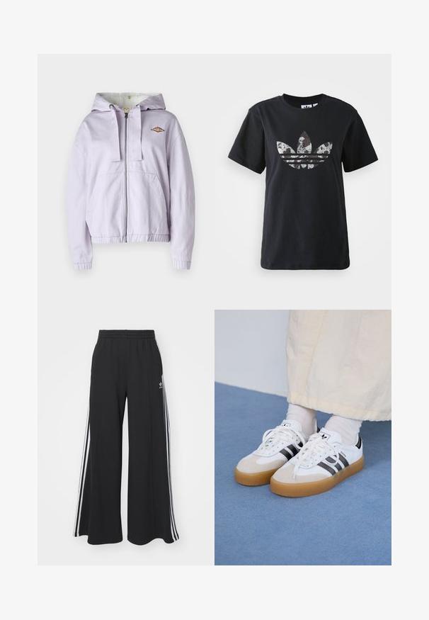 Lavendel Zip-Hoodie mit weicher Innenseite, gerippten Bündchen und Saum. Mit gesticktem Logo auf der Brust und zwei Fronttaschen.; Schwarzes Baumwoll-T-Shirt mit kurzen Ärmeln, das ein großes silbernes und braunes Grafikdesign des Adidas-Logos und der drei Streifen auf der Vorderseite zeigt.; Schwarze weite Sweatpants mit elastischem Bund, versehen mit weißen Seitestreifen und einem gestickten Logo auf dem linken Oberschenkel.; Weiße Sneaker mit schwarzen Streifen und beigen Wildlederakzenten. Besitzen eine strukturierte Gummisohle und flache weiße Schnürsenkel, getragen mit hellen Socken.