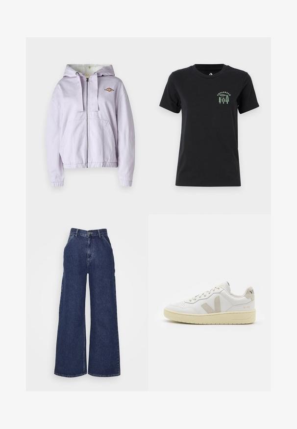 Levendula színű zip-up kapucnis pulóver, puha belső béléssel, bordázott mandzsettákkal és szegéllyel. A mellkason hímzett logó található, valamint két elülső zseb.; Converse FOREST ART TEE - Nyomott mintás póló - black; Sötétkék, bő szárú farmernadrág, magas derékkal, elülső zsebekkel és fémből készült gombos cipzárral. Simább textúra és klasszikus dizájn.; Fehér bőr sneaker bézs velúr részletekkel, perforált orr résszel, lapos fűzőkkel és textúrált krémszínű talppal. Finom márkajelzés található a sarkán.