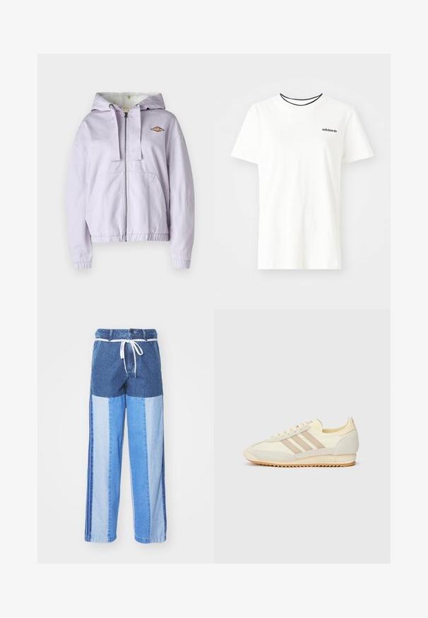 Hanorac cu fermoar lavandă, cu o căptușeală moale, manșete și tiv ribbate. Prezentă un logo brodat pe piept și două buzunare frontale.; Tricou alb din bumbac cu mâneci scurte și guler rotund. Prezentă un logo Adidas negru pe piept și un guler interior contrastant de culoare neagră.; Pantaloni din denim albastru cu un design pe patchwork în nuanțe variate de albastru, cu talie cu șnur și picioare largi, cu croială dreaptă.; Adidași atletici crem cu trei dungi bej, realizati din materiale din suede și textil, cu o talpă texturată și un logo embosat pe toc.