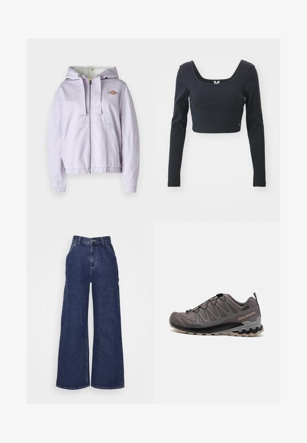 Lavender zip-up hoodie with a soft inner lining, ribbed cuffs, and hem. Features an embroidered logo on the chest and two front pockets.; Black long-sleeve cropped top in ribbed texture, featuring a wide scoop neckline and fitted silhouette, with a subtle brand logo accent.; Wide-leg denim jeans in dark blue, featuring a high waist, front pockets, and a zipper fly with a metal button. Smooth texture and classic design.; Gray outdoor shoe with a mesh and synthetic upper, a padded collar, and a textured sole featuring deep treads for traction. Adjustable lacing system.