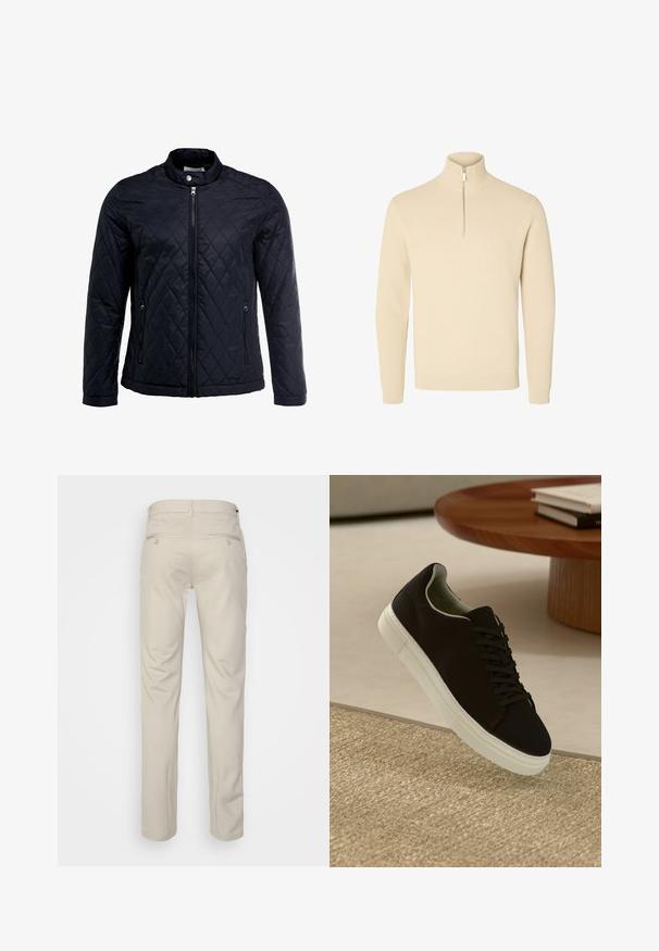 Black quilted jacket featuring a stand collar, full front zipper, and two side pockets. Made from smooth, lightweight fabric with a diamond pattern.; Beige, ribbed knit sweater with a high collar and half-length zipper. Features long sleeves and a fitted hem.; Beige trousers with a smooth texture, straight cut, two back pockets with buttons, and a standard waistband.; Black sneaker with white sole floating above beige textured rug near round wooden table with stacked books.