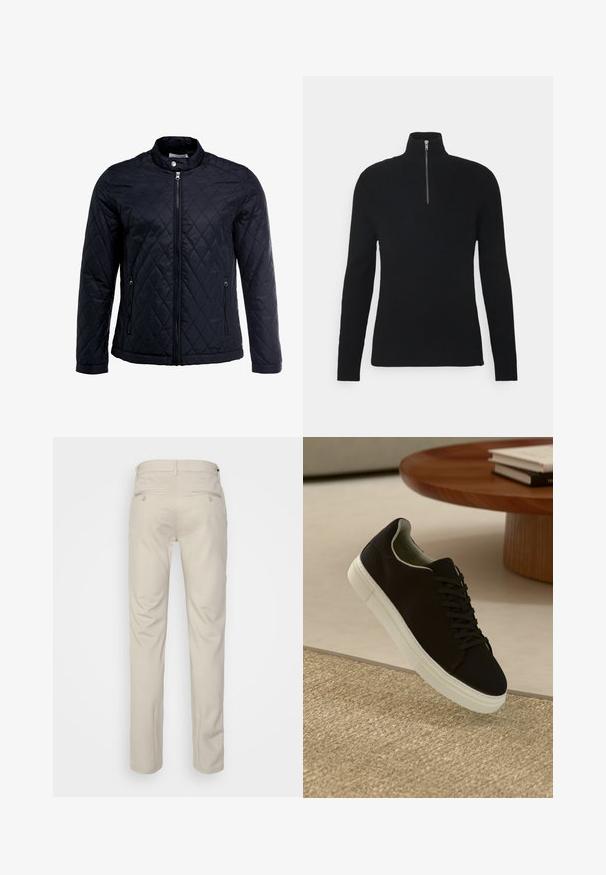 Černá prošívaná bunda s vysokým límcem, plným zipem vpředu a dvěma bočními kapsami. Vyrobena z hladké, lehké tkaniny s diamantovým vzorem.; Černý žebrovaný rolák s čtvrtzipem, dlouhými rukávy a texturovanou tkaninou pro vyšší rozměr.; Beige kalhoty se hladkým povrchem, rovný střih, dvě zadní kapsy s knoflíky a standardní pas.; Černé tenisky s bílou podrážkou plující nad béžovým texturovaným kobercem poblíž kulatého dřevěného stolu se stohovanými knihami.