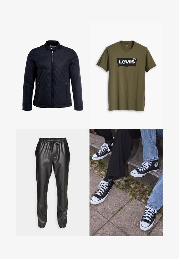Chaqueta negra acolchada con cuello alto, cierre frontal completo y dos bolsillos laterales. Fabricada en una tela suave y liviana con un patrón de diamantes.; Camiseta de algodón verde oliva con un gran logotipo negro de Levi's en una forma semicircular contrastante en el pecho. Corte regular.; Pantalones jogger de piel negra con cintura elástica y cordón ajustable. Textura suave, corte ajustado y tobillos acampanados.; Zapatillas de lona negras de caña alta con suelas y cordones de goma blanca, con un logo circular en el lado, combinadas con unos pantalones de mezclilla y negros.