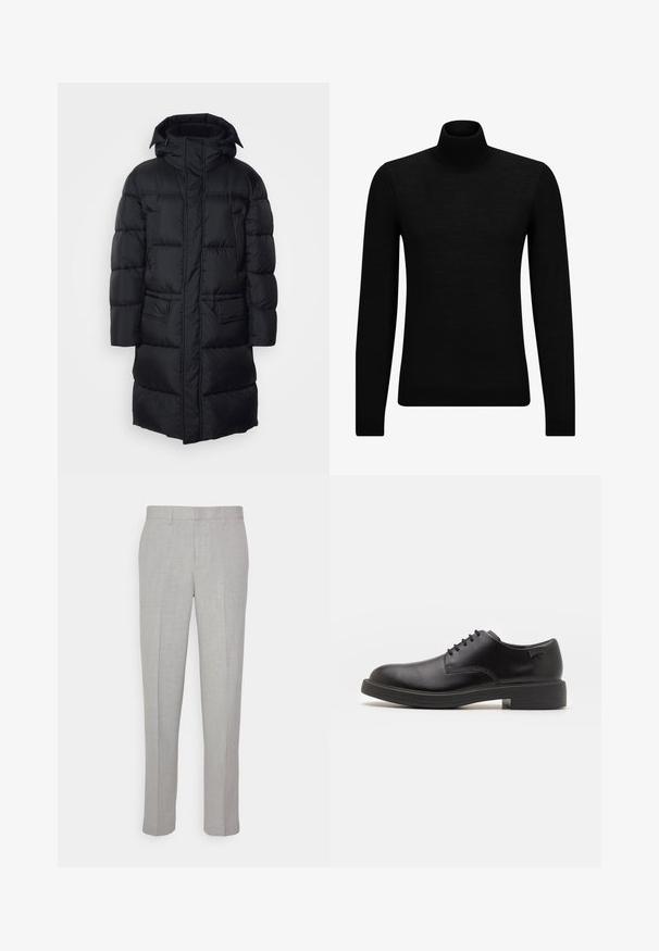 Čierna bomber bunda s kapucňou, zipsom a dvoma prednými vreckami, s prešívaným polstrovaním a hladkým, ľahkým povrchom.; Čierny rolák vyrobený z jemného materiálu, s dlhými rukávmi a tesným strihom. Hranatý lem a manžety s ribbed úpravou. Jednoduchý dizajn.; Svetlo-sivé nohavice s hladkým povrchom, plochým predným dielom a rovnými nohavicami. Vyrobené z priedušnej látky, s vnútornými vreckami a pútkami na opasok.; Čierne kožené šnurovacie topánky s okrúhlou špičkou, hladkým povrchom, minimálnym prešívaním a nízkym gumovým podpätkom. Logo na podpätku.