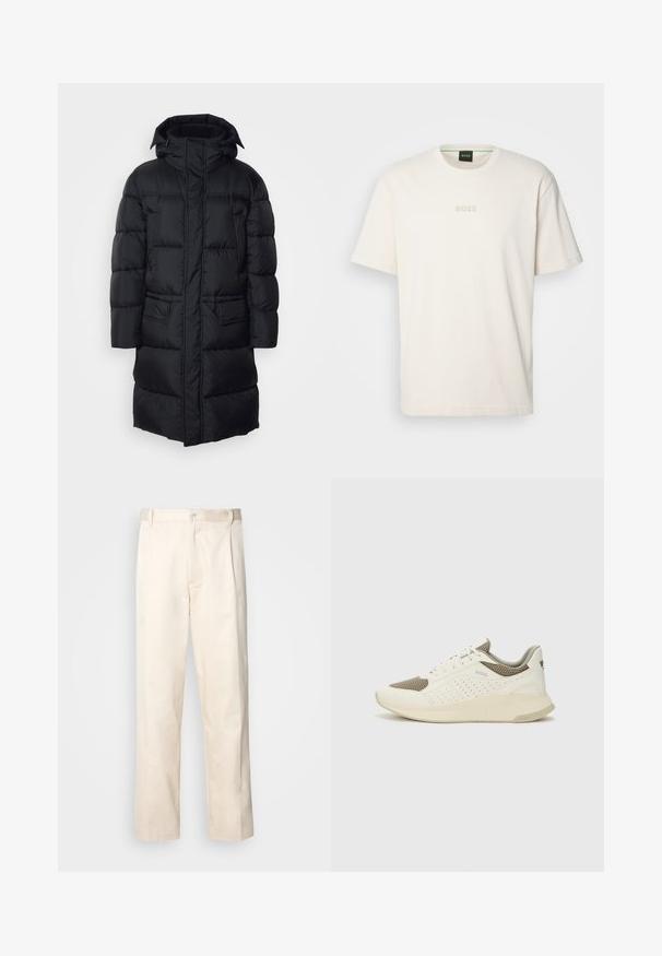 Fekete puffkabát, kapucnival, cipzárral és két elülső zsebbel, steppelt béléssel és sima, könnyű külső réteggel.; BOSS TEE - Basic póló - open white; Beige pamut nadrág egyenes szárú kivágással, gombos záródással és elülső redőkkel a részletek fokozása érdekében.; Fehér és világos bézs sportcipő, légies hálós felsőrésszel, perforált részletekkel és texturált középtalppal, amelyen a saroknál a márka logója található.